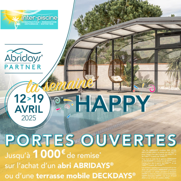 Du 12 au 19 avril 2025, c’est la SEMAINE HAPPY ! Profitez de ces PORTES OUVERTES pour découvrir notre gamme d’abris et terrasses !